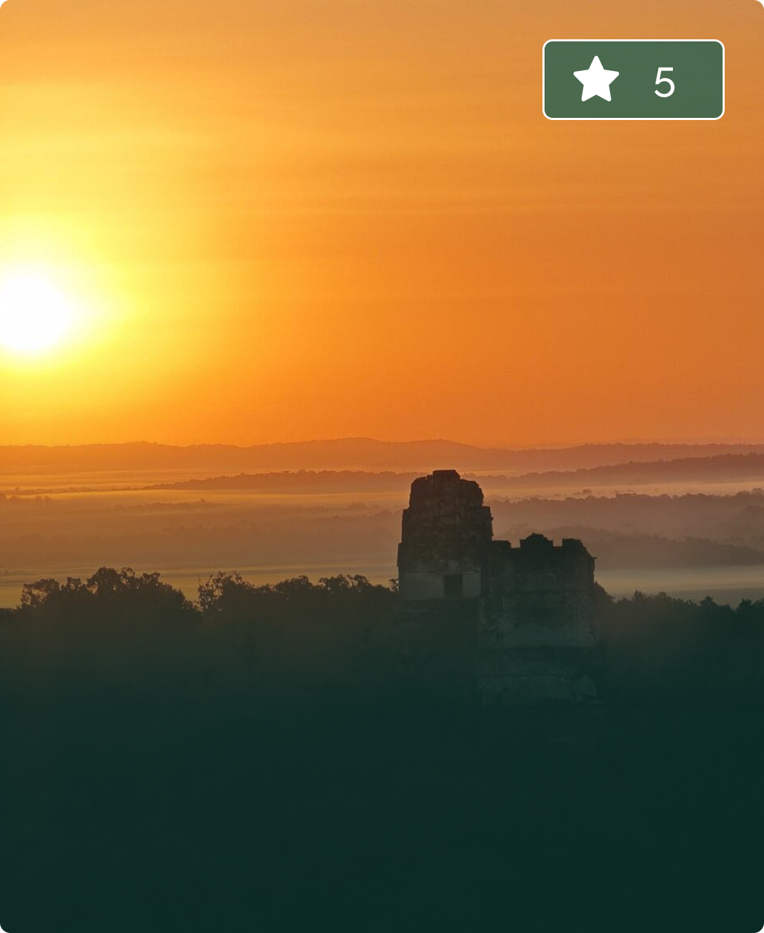 Book your Yaxha sunset experience in Guatemala. Watch the sun go down from ancient Mayan temples surrounded by jungle. Small groups, local guides. Guatemala's Best Sunset Experience — Yaxha Mayan Ruins" en lugar de solo "Sunrise Top